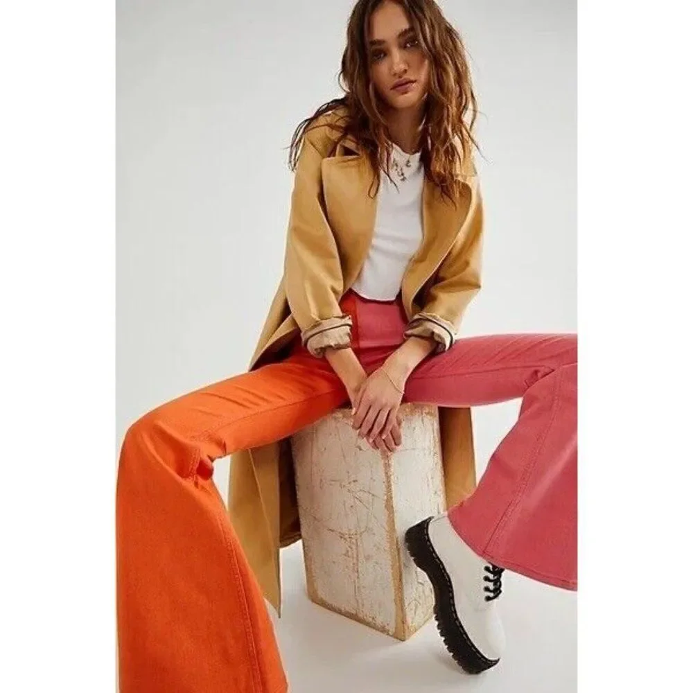 NWT FREE PEOPLE Sz 30 PENNY PULL ON COLOR BLOCK FLARES ORANGE BUBBLEGUM
